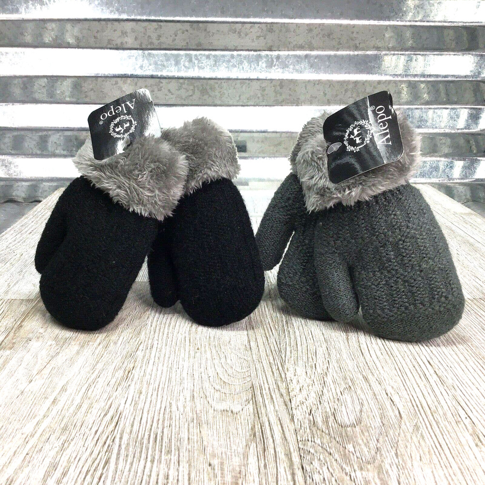 Alepo Mittens Black Grey Knit Faux Fur Set Two